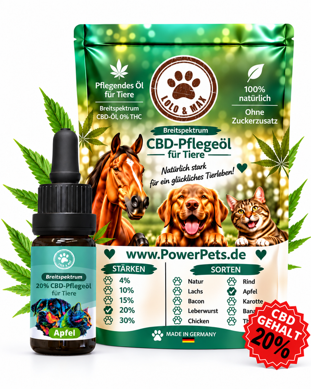 Lolo & Max CBD-Pflegeöl 20 % Apfel – Flasche mit neuer Beutelverpackung